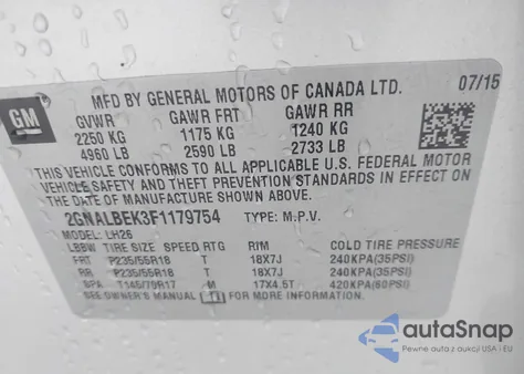 2015 Chevrolet Equinox 1Lt из США, поврежденный, VIN 2GNALBEK3F1179754